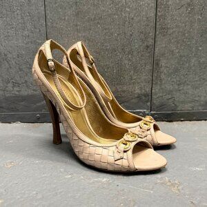 BOTTEGA VENETA light beige INTRECCIATO weave leather ankle strap open toe shoes